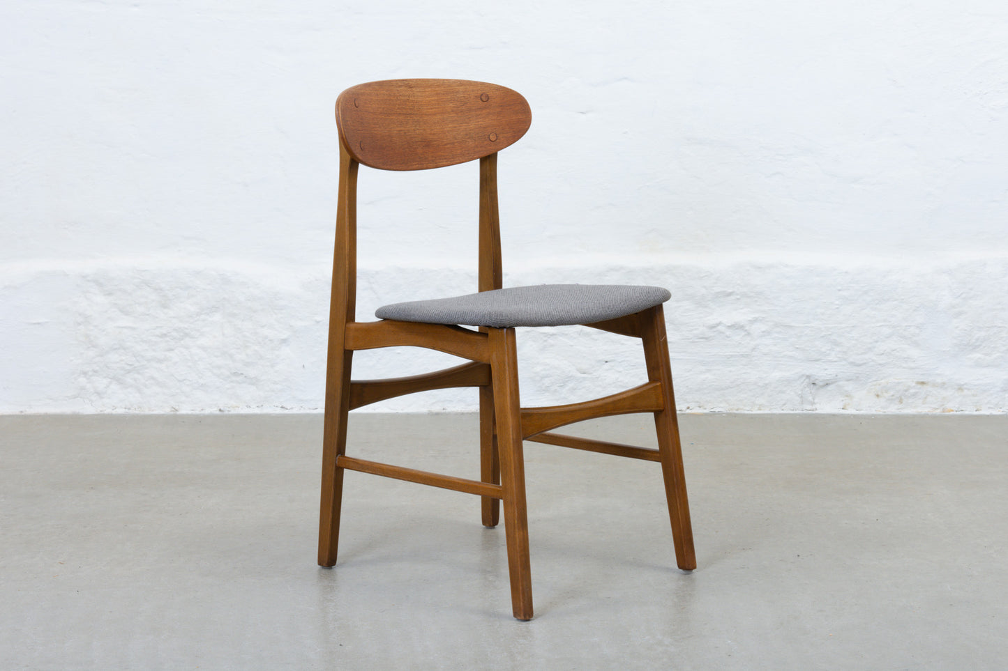Newly reupholstered: Set of four 1960s teak + beech dining chairs