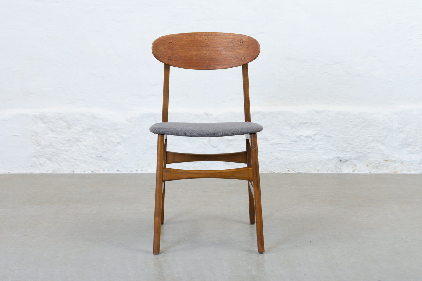 Newly reupholstered: Set of four 1960s teak + beech dining chairs