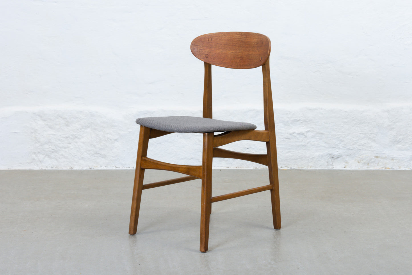 Newly reupholstered: Set of four 1960s teak + beech dining chairs