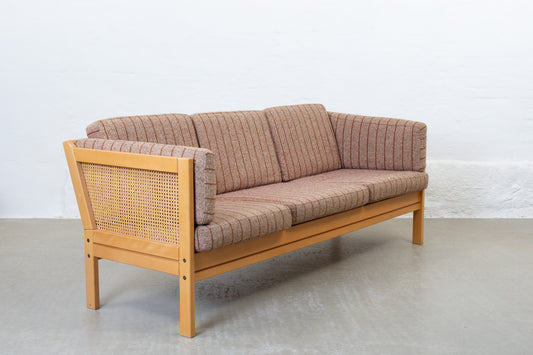 1980s beech, cane and wool three seat sofa