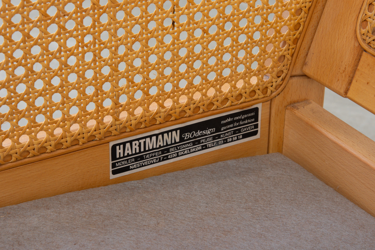 1980s beech, cane and wool three seat sofa