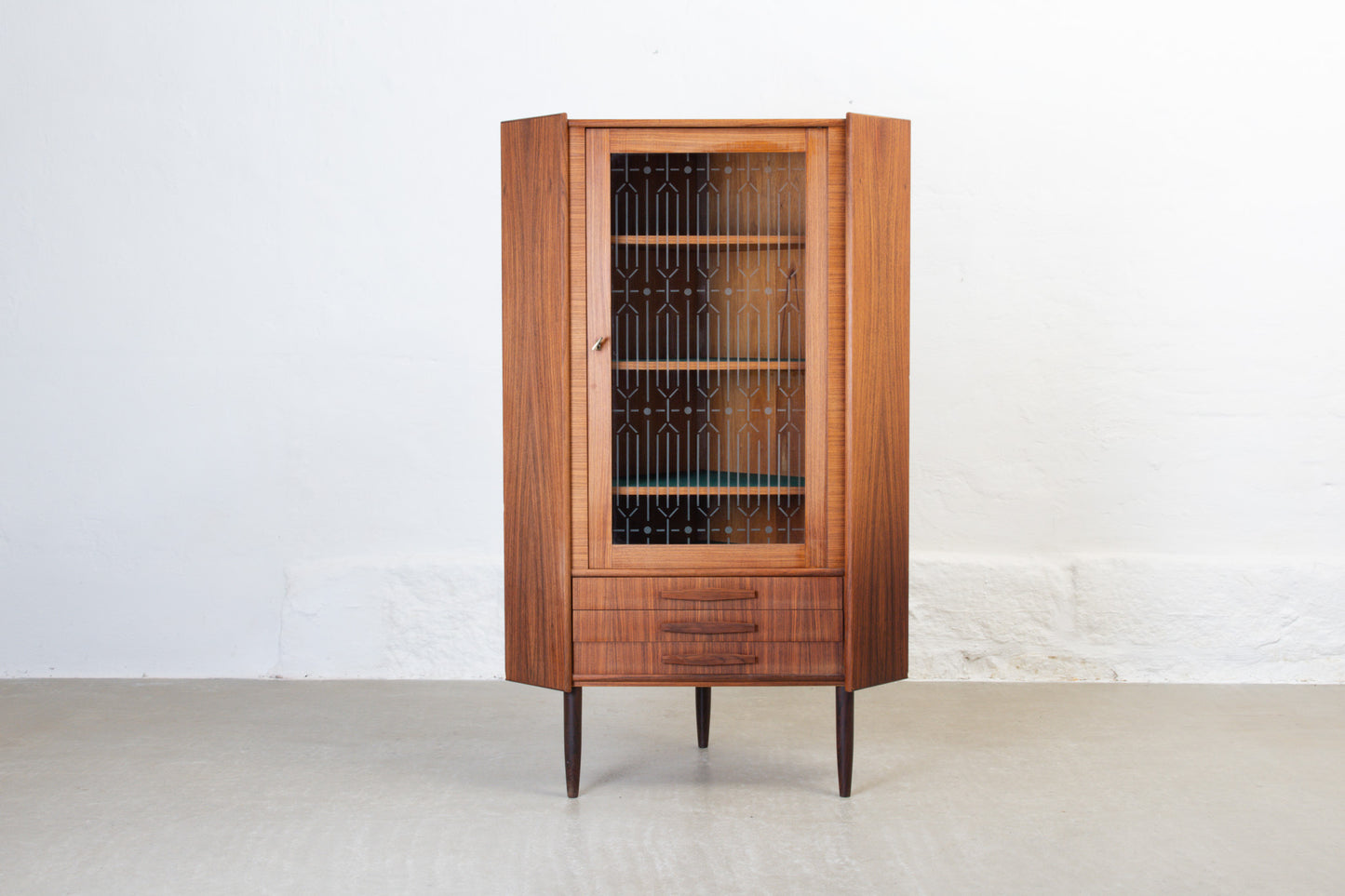 1960s rosewood + glass corner cabinet
