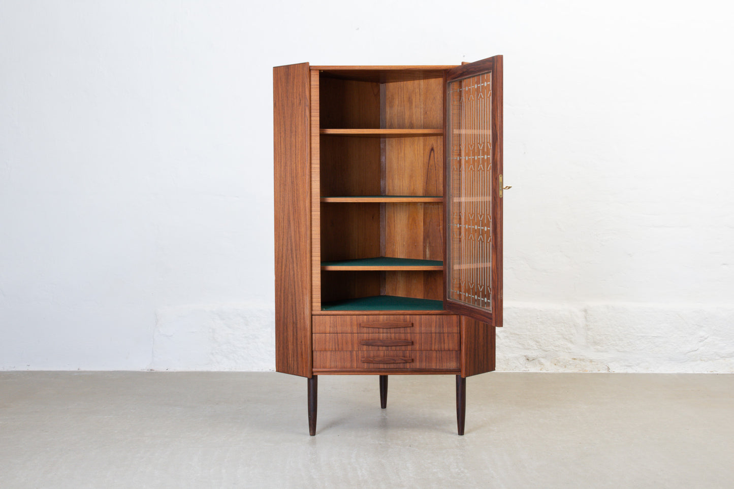 1960s rosewood + glass corner cabinet