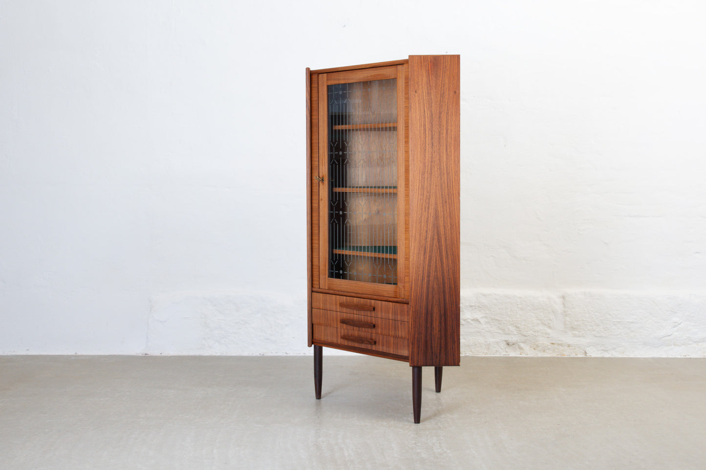 1960s rosewood + glass corner cabinet