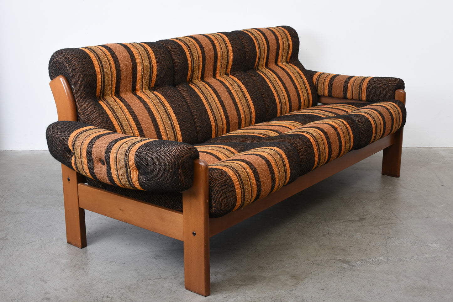 1970s Swedish three seat sofa in beech + wool
