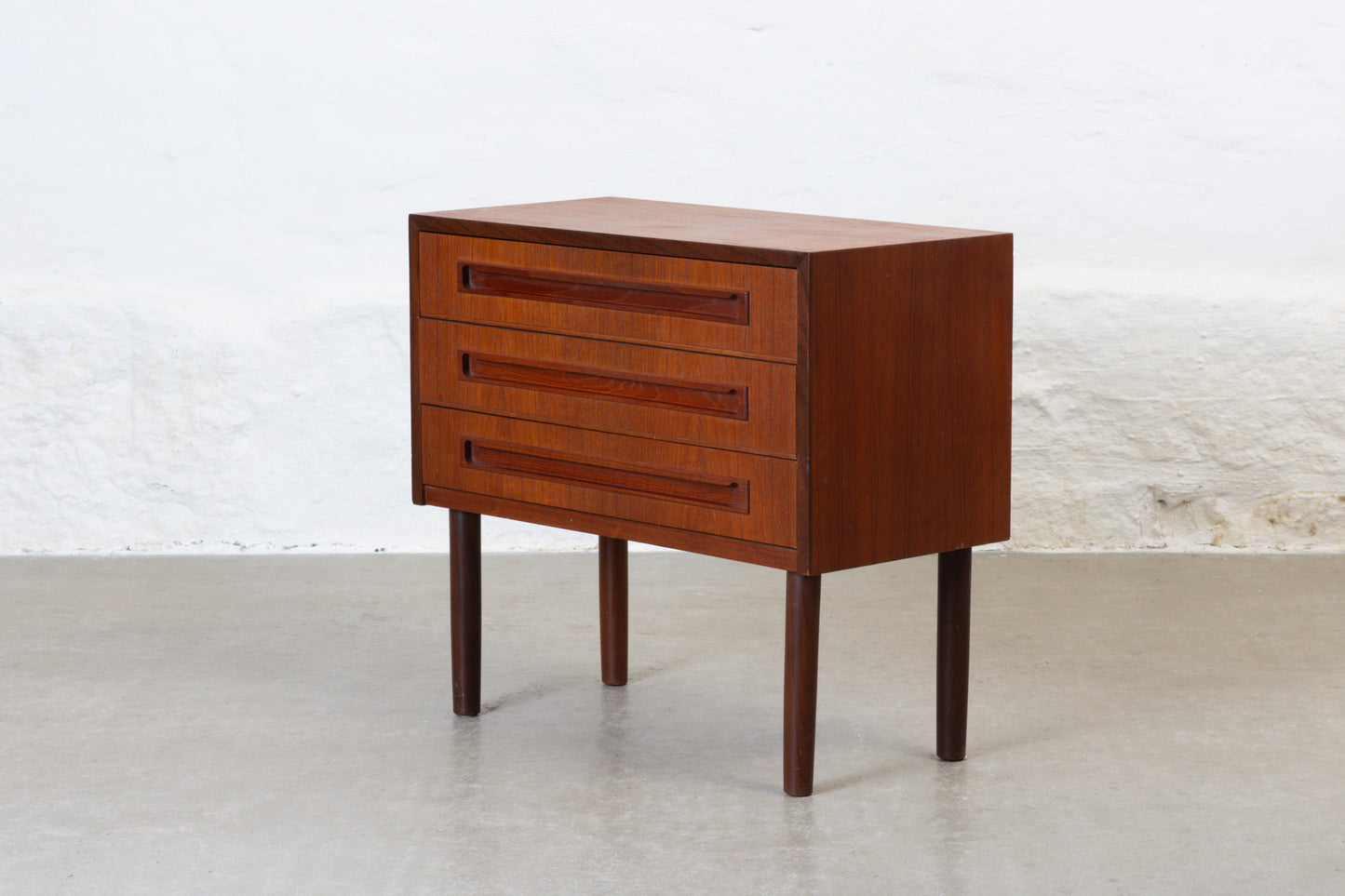 1960s low teak chest with inset handles