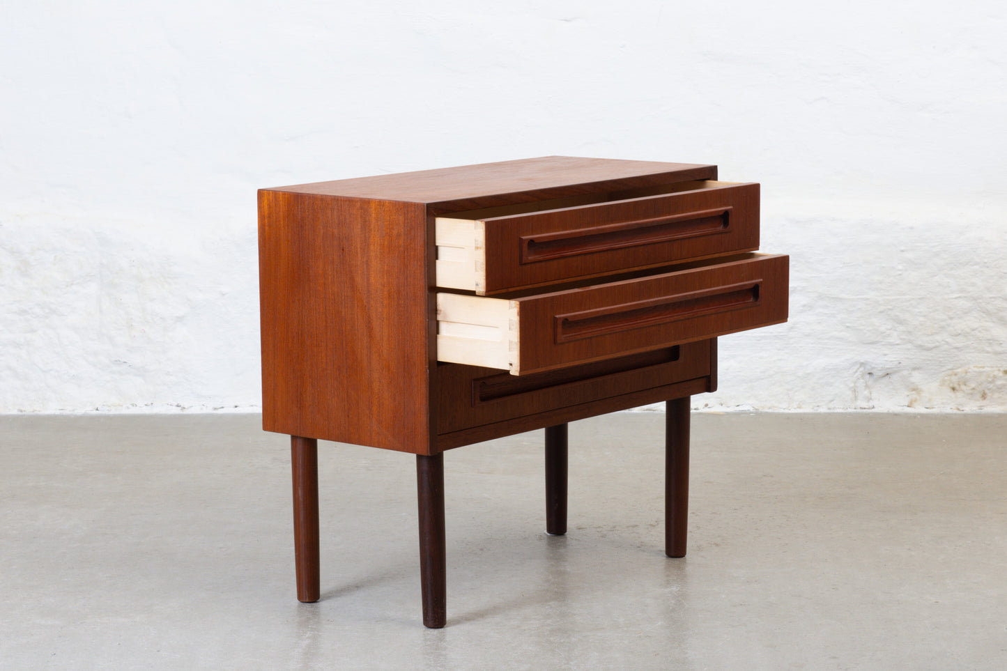 1960s low teak chest with inset handles