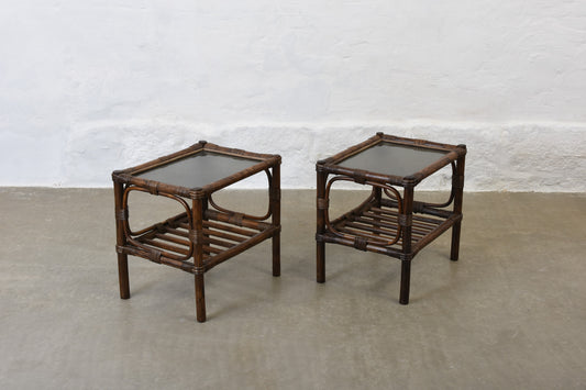 Two available: 1970s bamboo + glass side tables