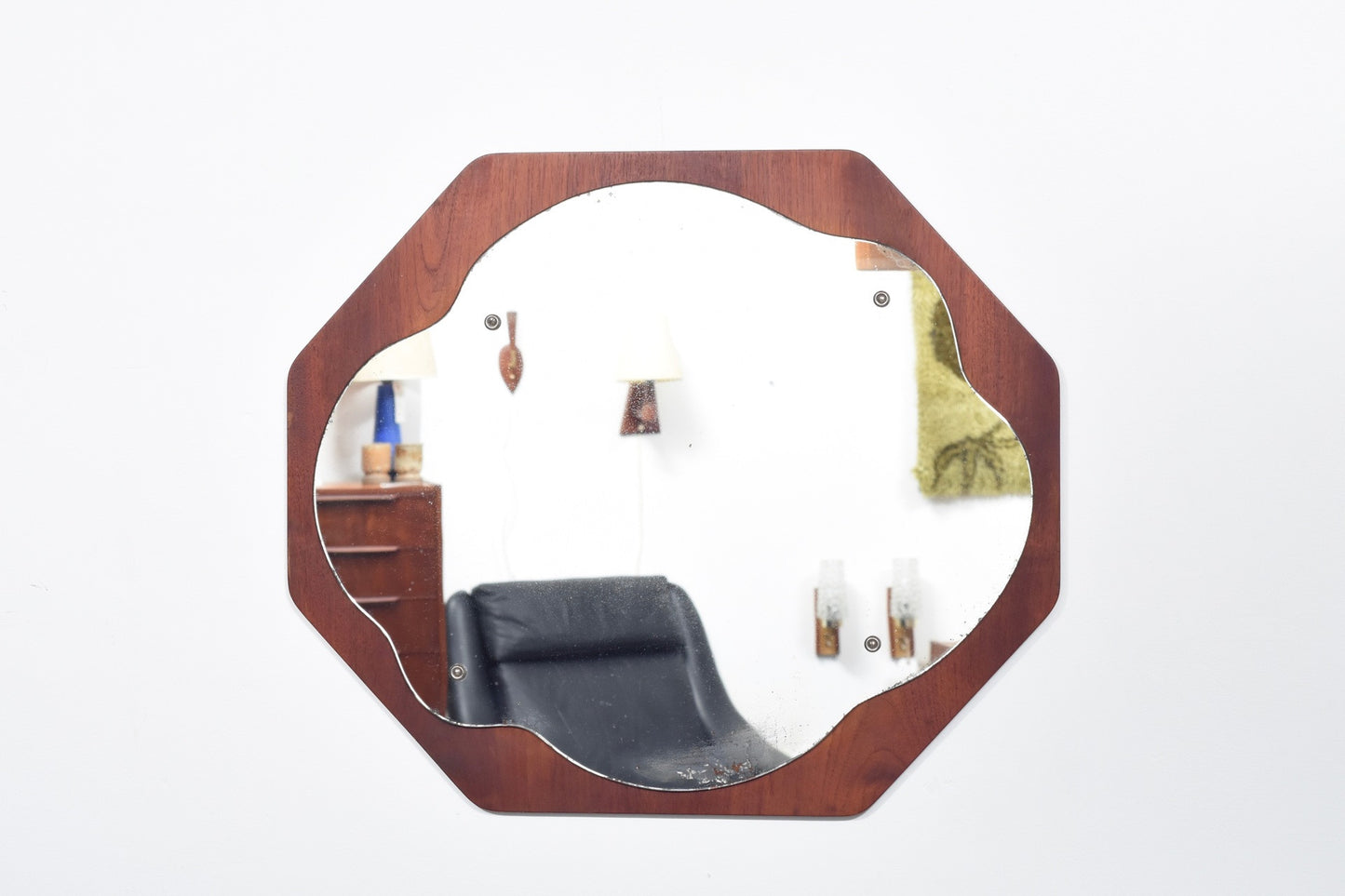 Oblong mirror on teak base