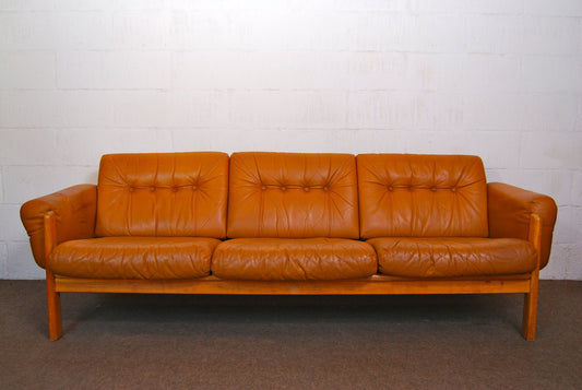 Leather and oak three seat sofa