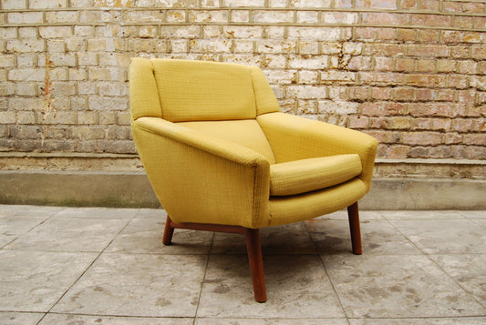 Pair of mustard wool and teak loungers