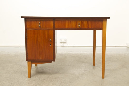 Single pedestal teak and oak desk