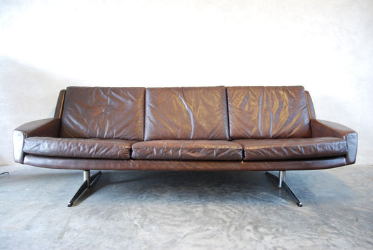 Three seat leather sofa in chocolate