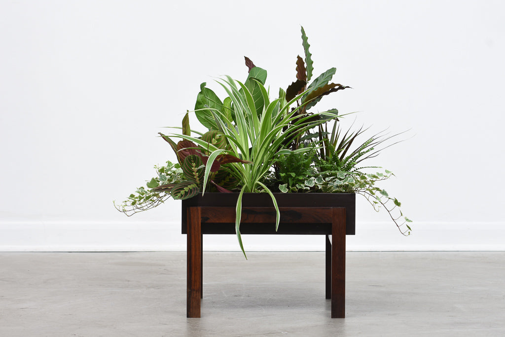 Two available: Vintage rosewood + metal planters