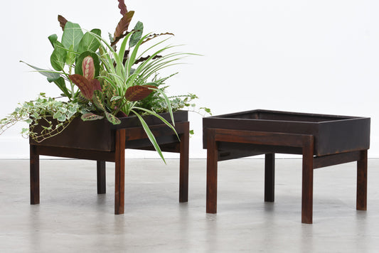 Two available: Vintage rosewood + metal planters