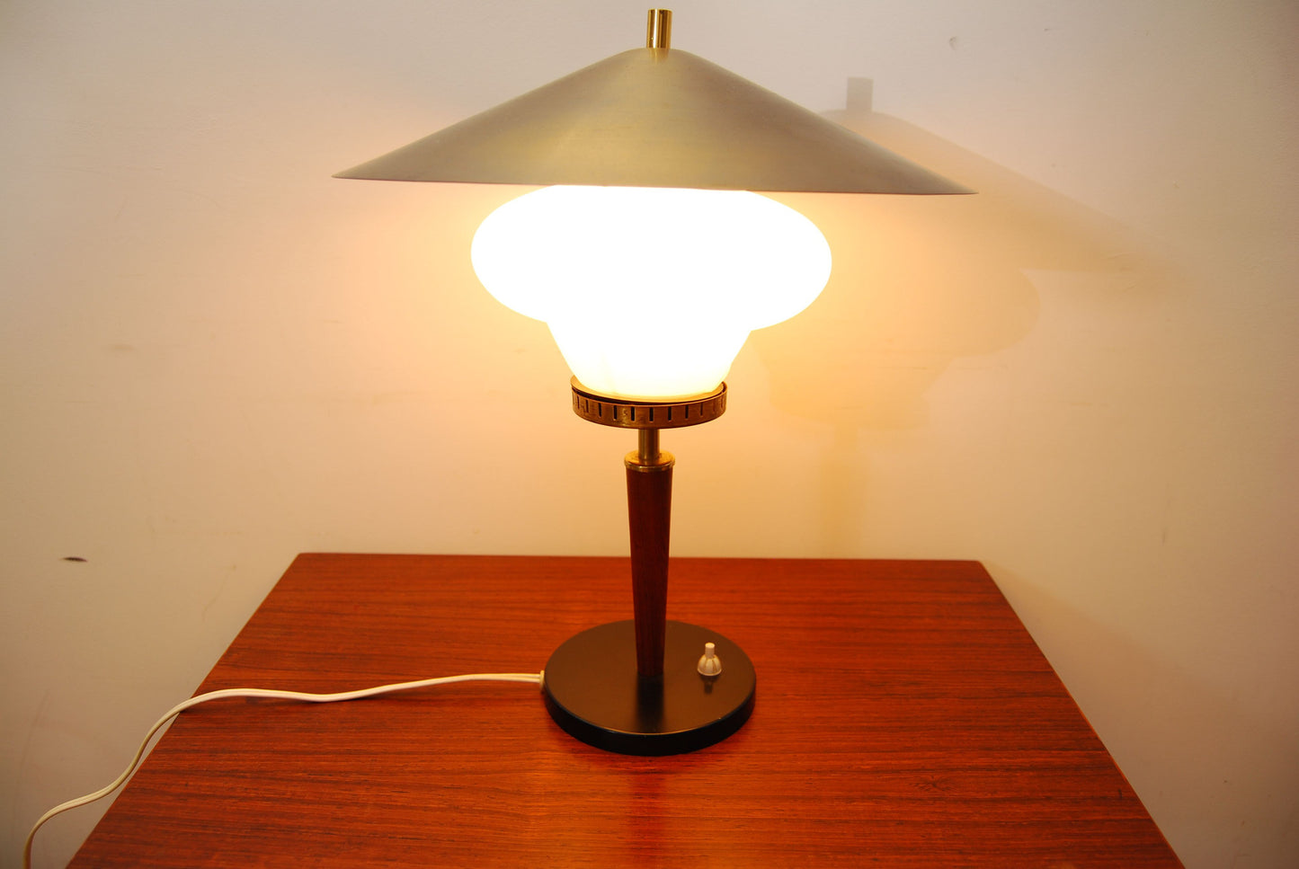 Glass, teak and brass table lamp