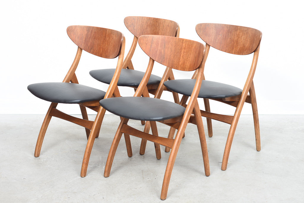 Set of four teak + oak dining chairs