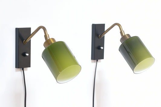 Pair of glass + brass wall lights by Fog & Mørup