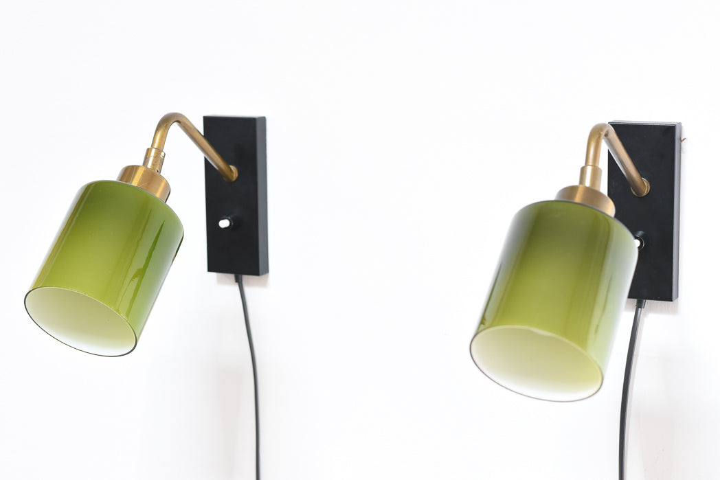 Pair of glass + brass wall lights by Fog & Mørup