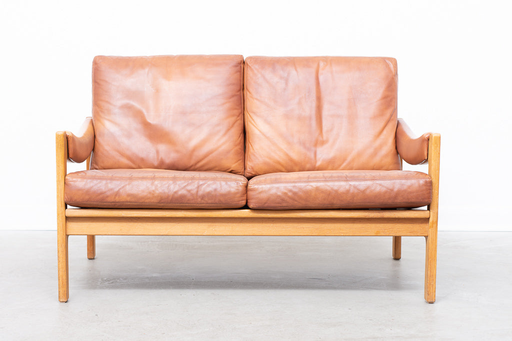 Two seat oak + leather sofa