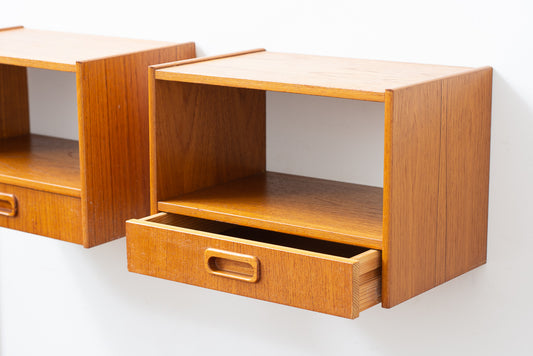 Wall-mounted bedside tables in teak