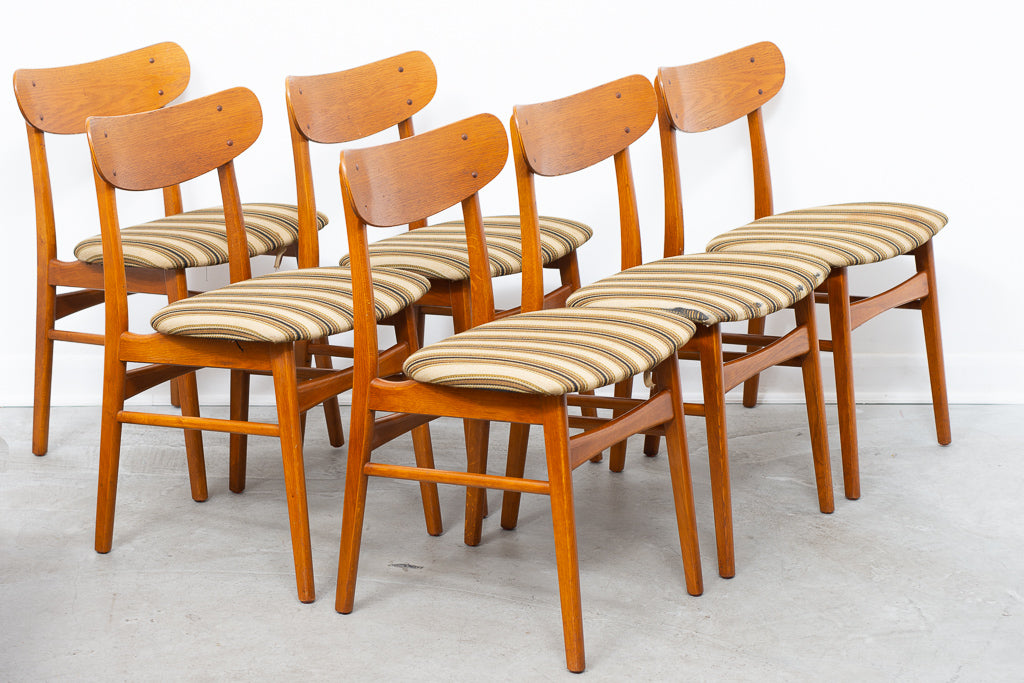 Six available: 1960s teak + oak dining chairs