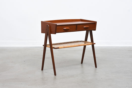 Teak side table with cane shelf