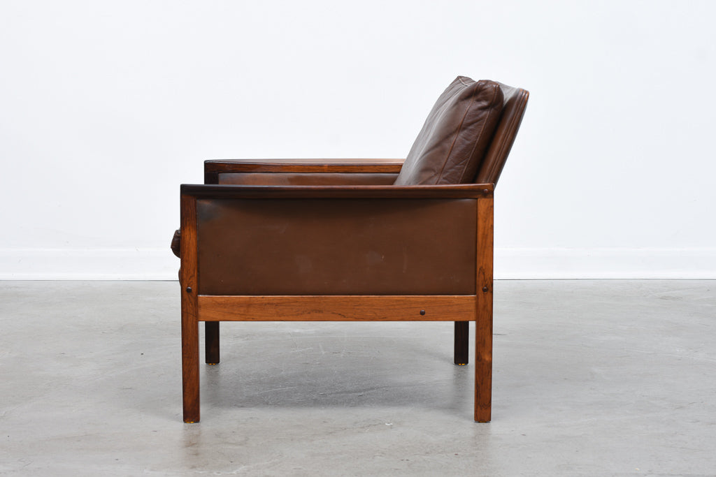 Two available: Rosewood + leather loungers by Hans Olsen