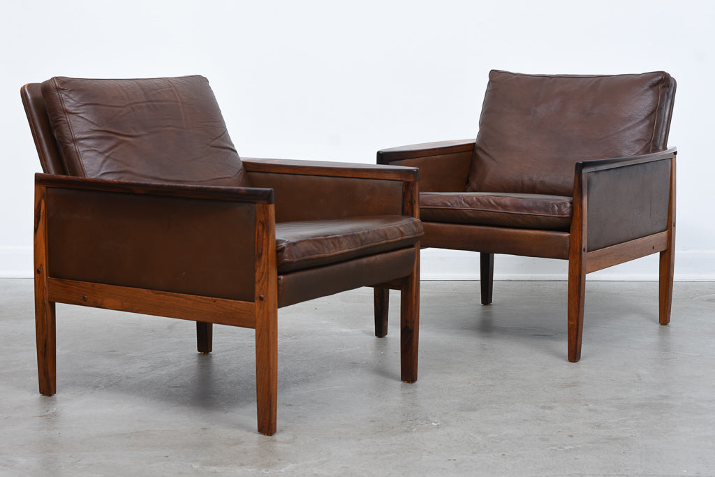 Two available: Rosewood + leather loungers by Hans Olsen
