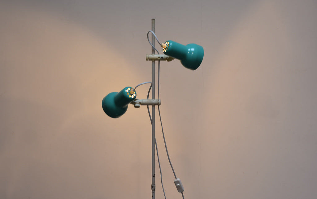 Twin-headed Danish floor lamp with turquoise shades