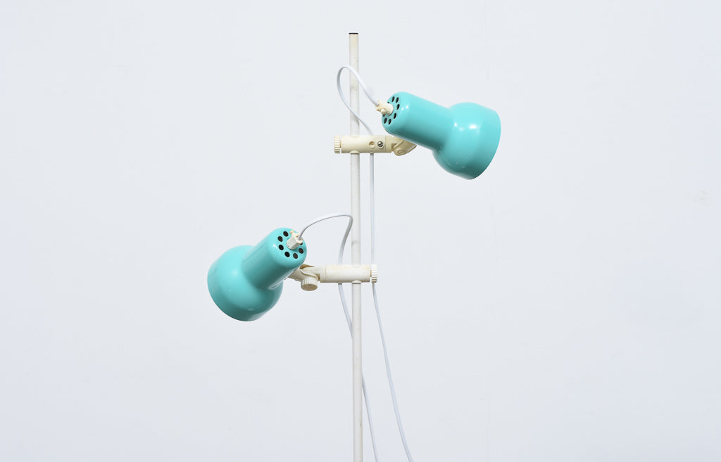 Twin-headed Danish floor lamp with turquoise shades