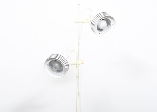 Twin-headed floor lamp with tiered white shades