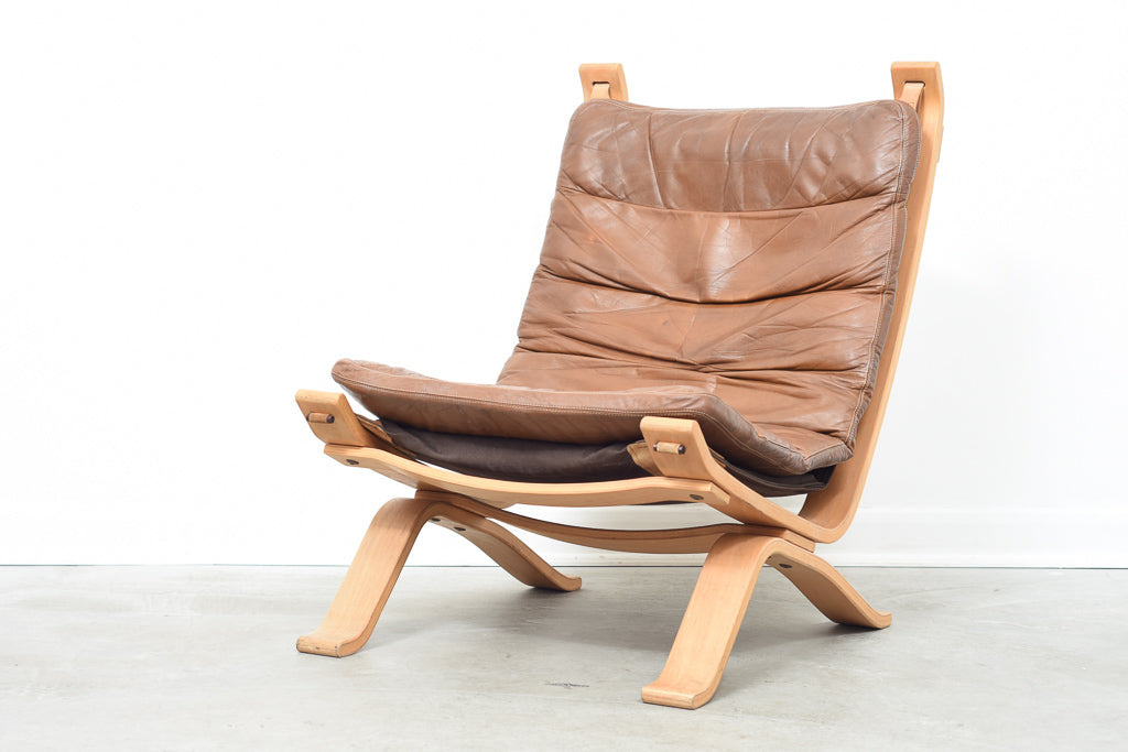 1970s oak + leather lounge chair