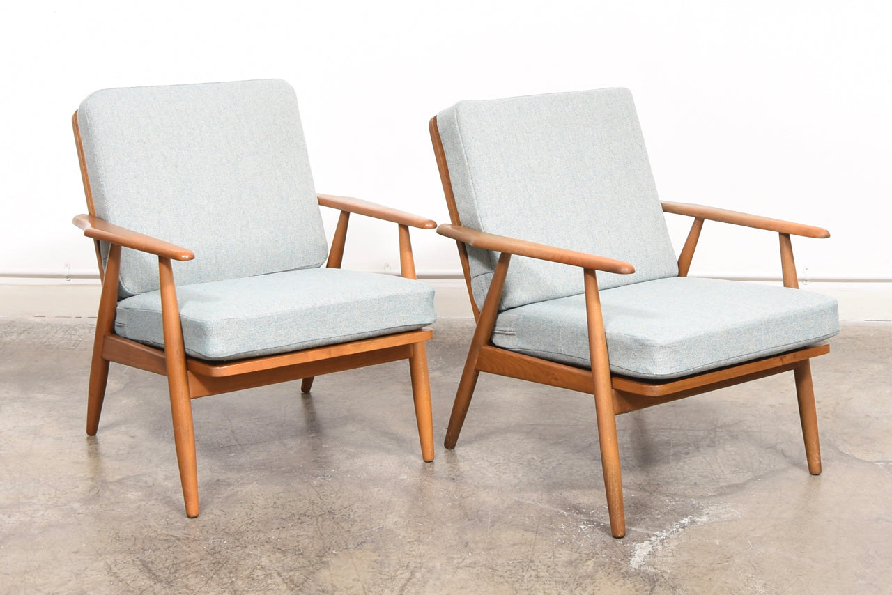 Two available: 1960s beech loungers with new wool covers