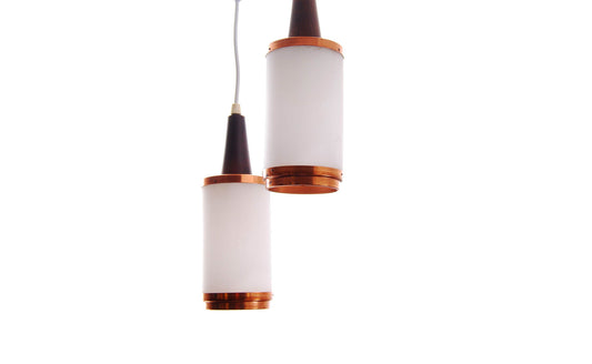 Pair of teak & plastic ceiling lamps