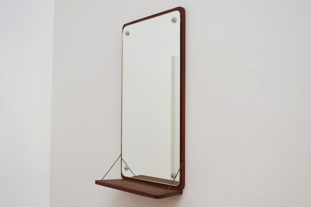 Mirror on teak base with shelf