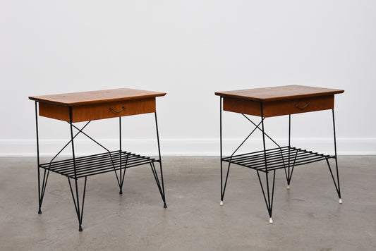 Pair of 1950s teak + wire bedside tables