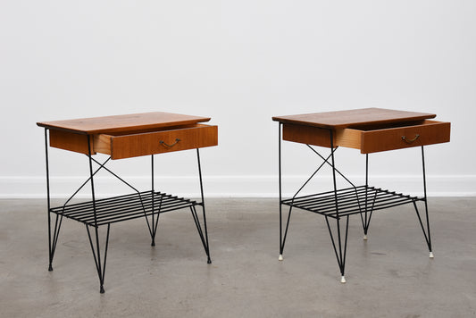 Pair of 1950s teak + wire bedside tables