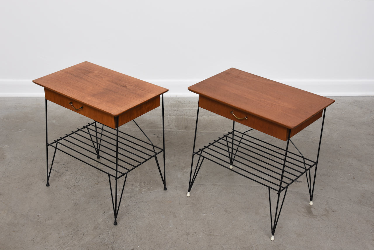 Pair of 1950s teak + wire bedside tables