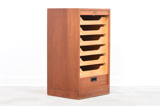 Teak filing cabinet with drop down tambour door