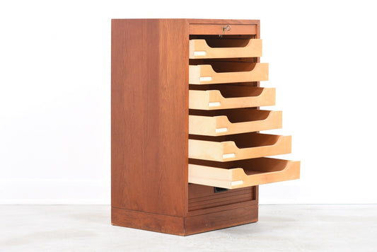 Teak filing cabinet with drop down tambour door