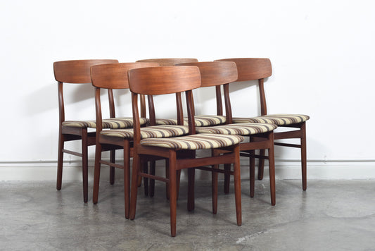 Set of six teak dining chairs with striped wool seats