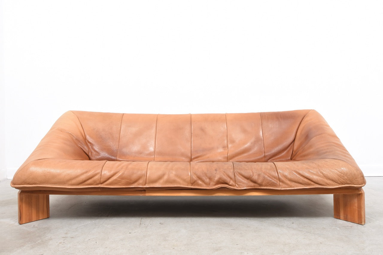 1970s leather and pine sofa