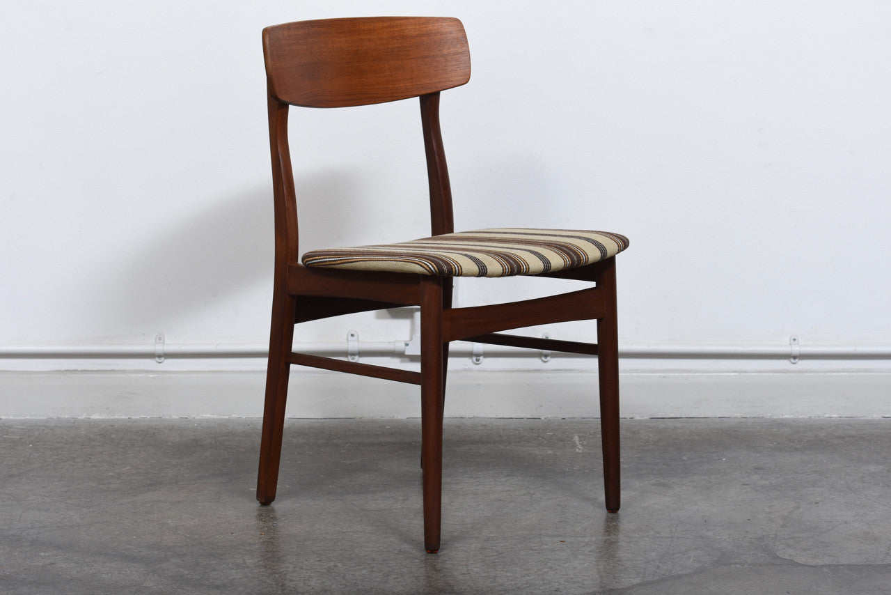 Set of six teak dining chairs with striped wool seats