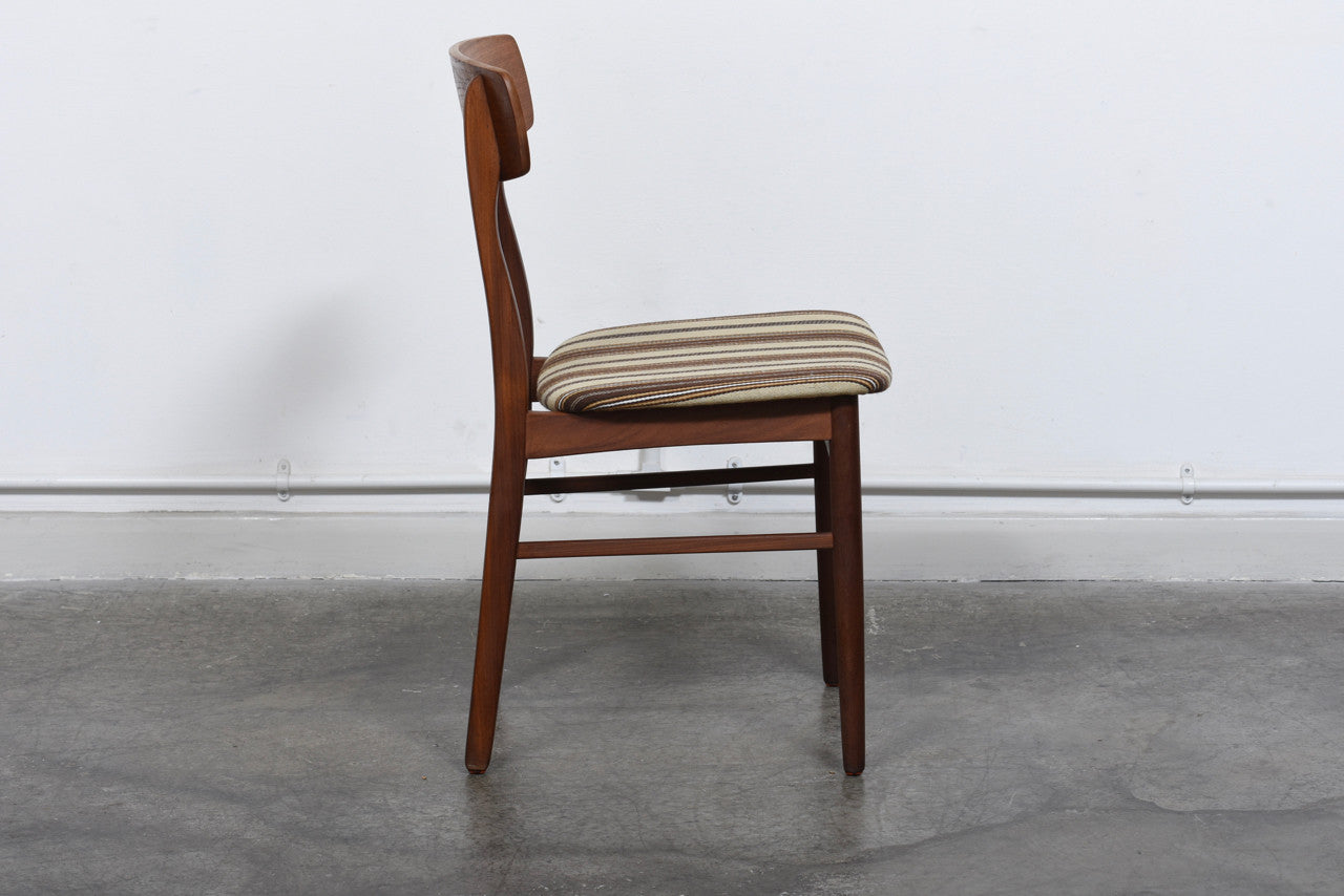 Set of six teak dining chairs with striped wool seats