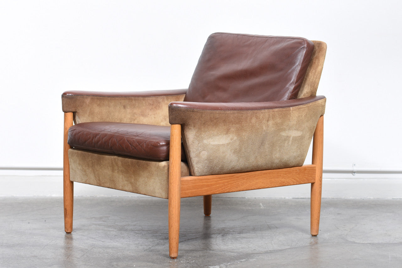 Suede, leather + oak lounger by Kurt Østervig