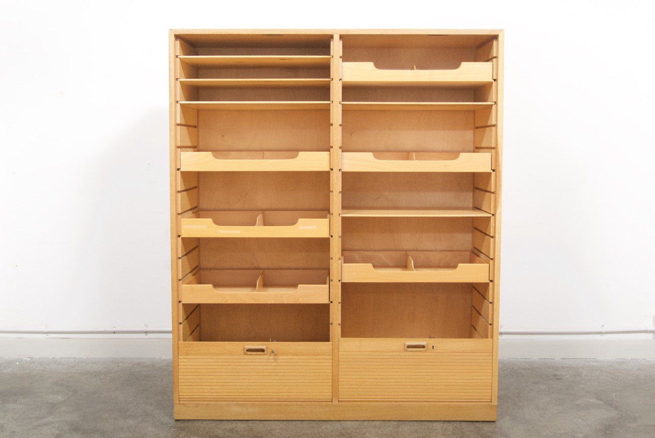 Oak filing cabinet with tambour doors