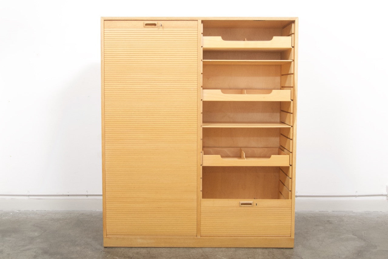 Oak filing cabinet with tambour doors