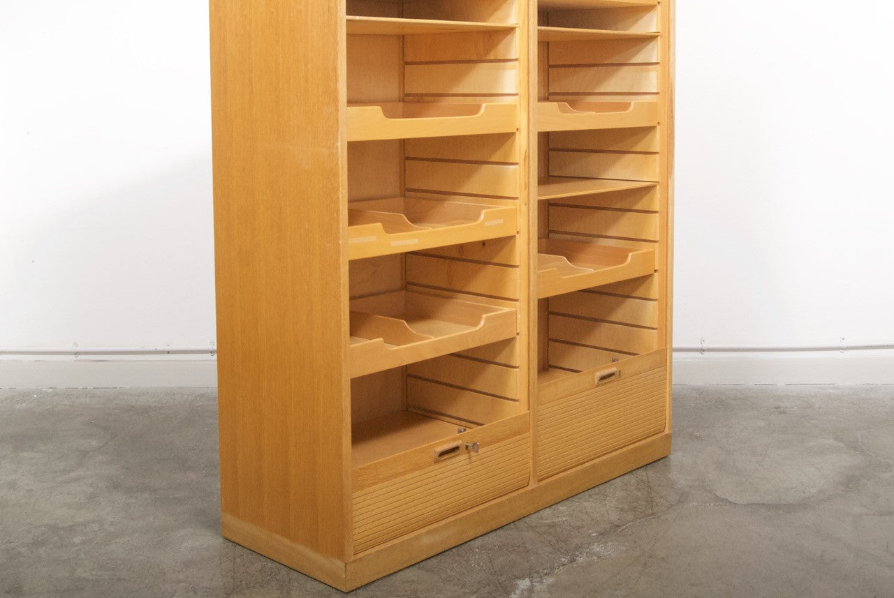 Oak filing cabinet with tambour doors