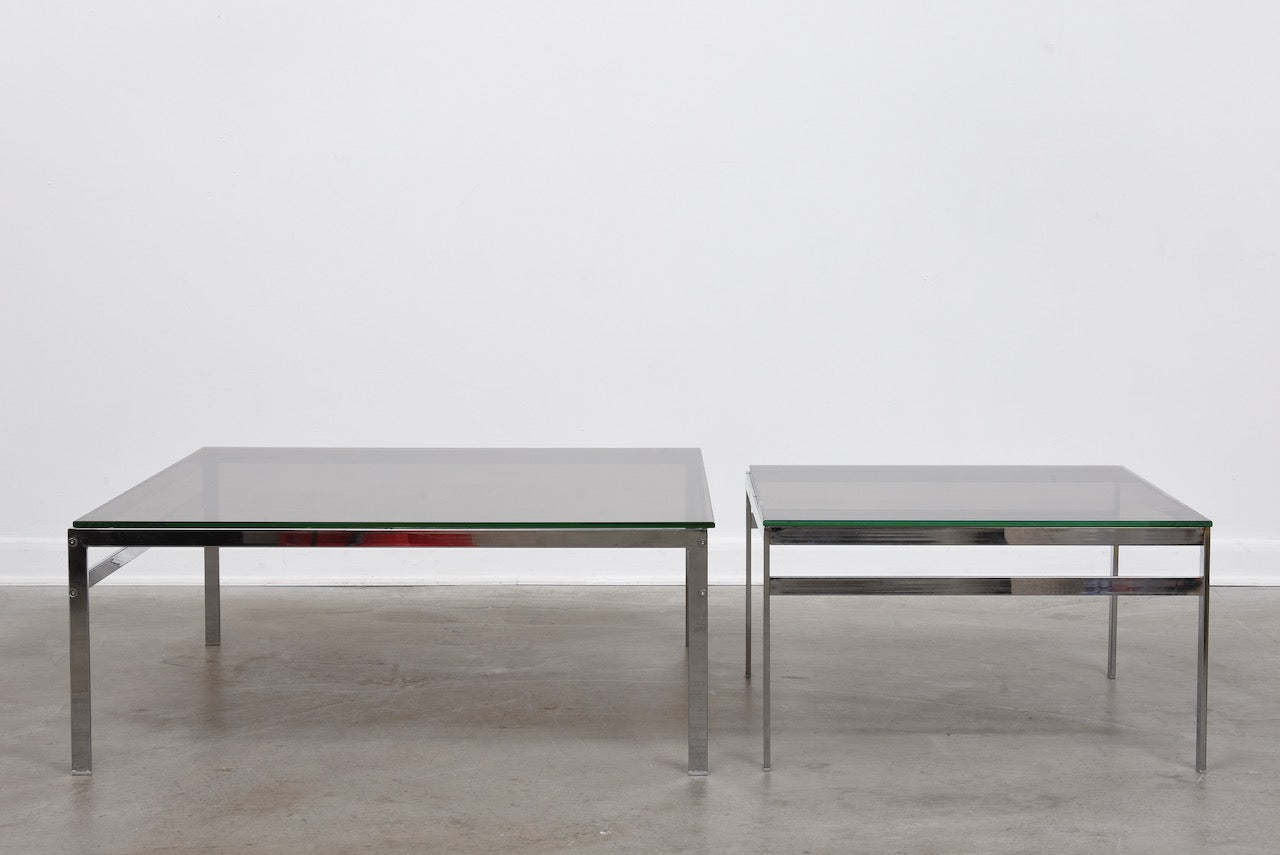 Two sizes available: Vintage smoked glass + chrome tables
